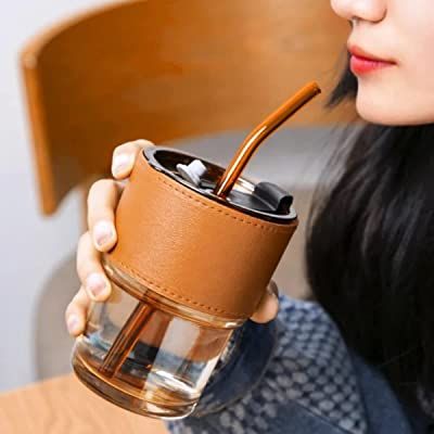 Coffee Or Tea Mug Cup With Drinking Straw Lid and PU Leather Sleeve Ratings 9