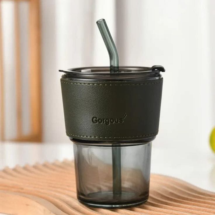 Coffee Or Tea Mug Cup With Drinking Straw Lid and PU Leather Sleeve Ratings 9