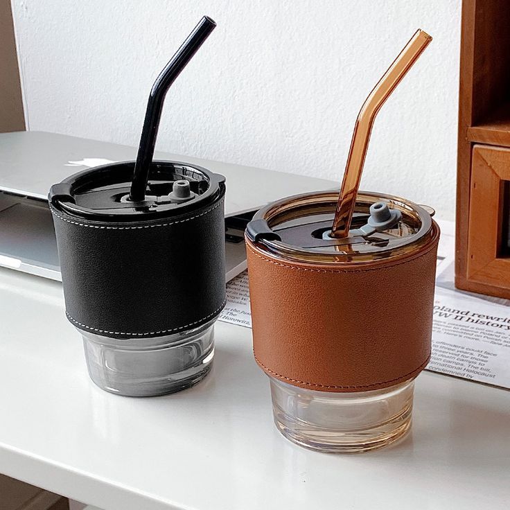Coffee Or Tea Mug Cup With Drinking Straw Lid and PU Leather Sleeve Ratings 9