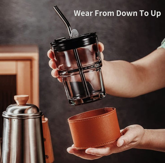 Coffee Or Tea Mug Cup With Drinking Straw Lid and PU Leather Sleeve Ratings 9